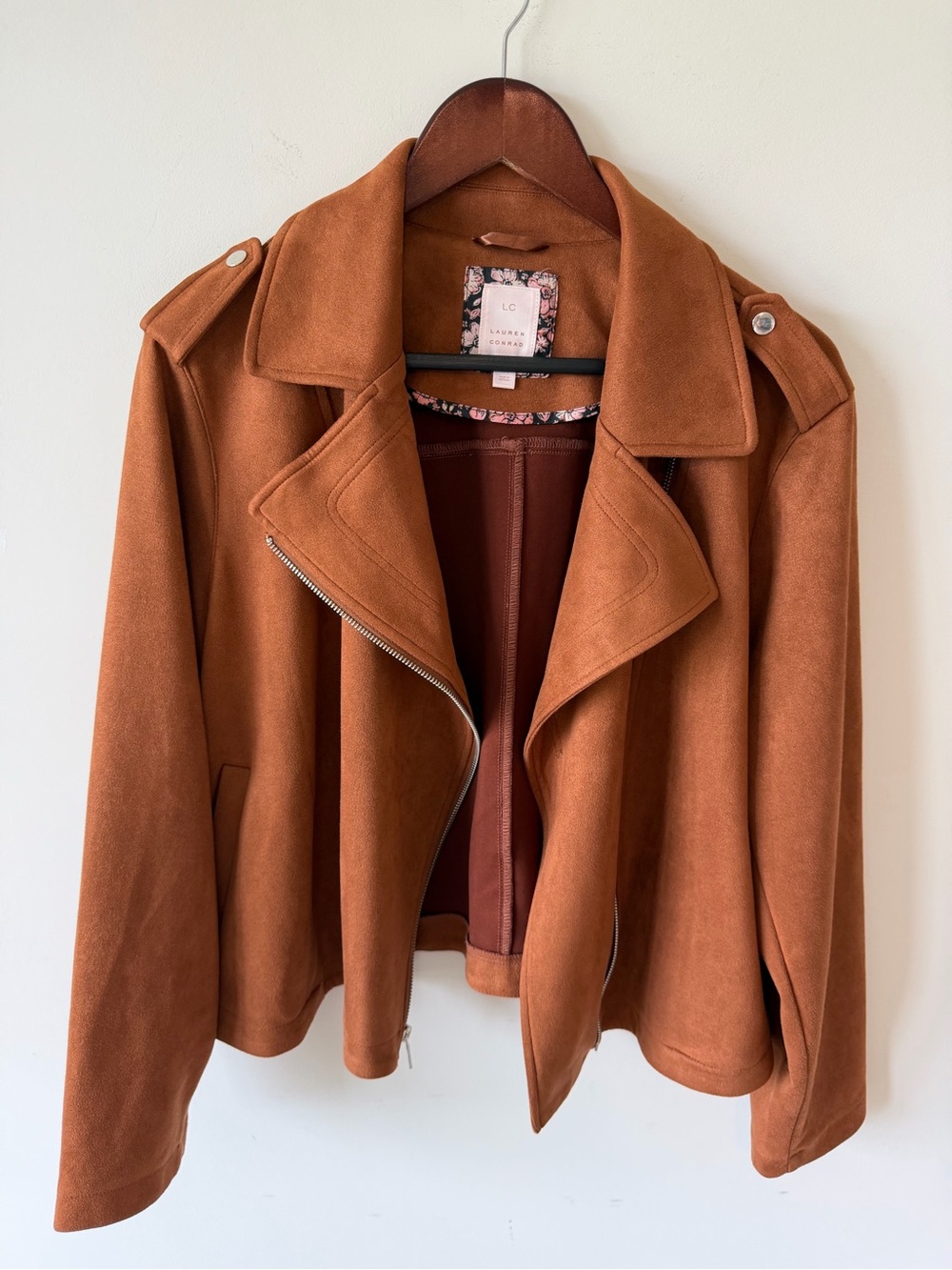LC Lauren Conrad Camel Faux Suede Moto Jacket Waterfall Front